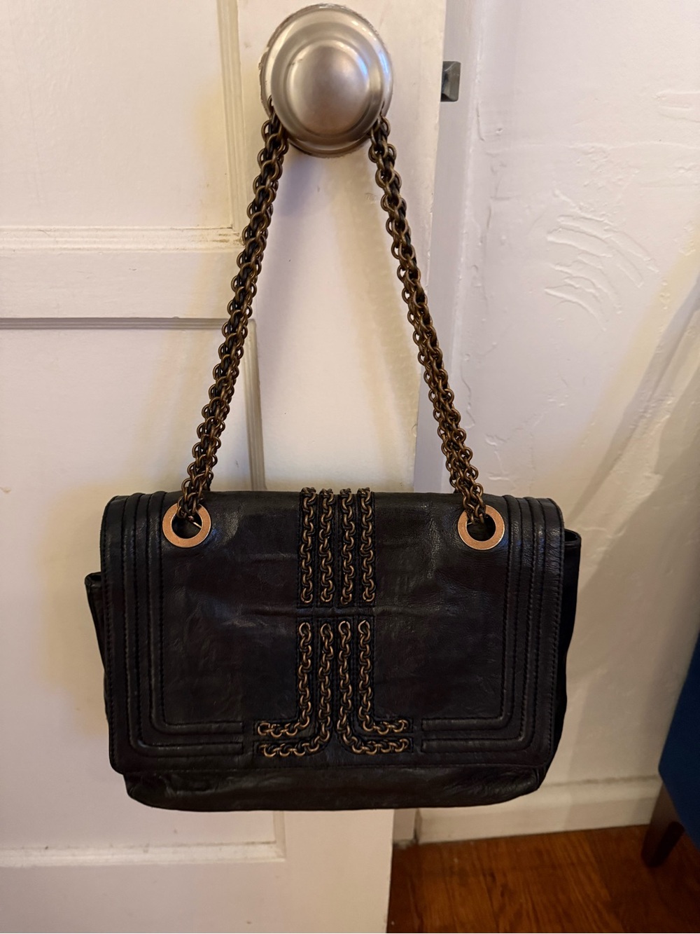Lanvin Black Shoulder Bag with Antique Gold Chain Detail